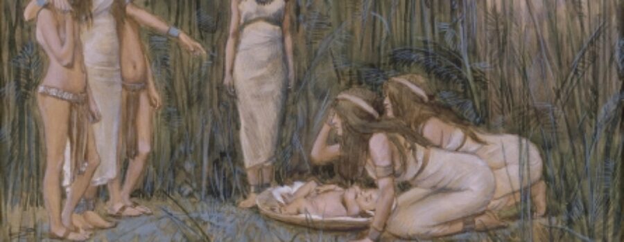 파라오의 딸이 모세의 어머니를 모세의 유모로 얻는 모습